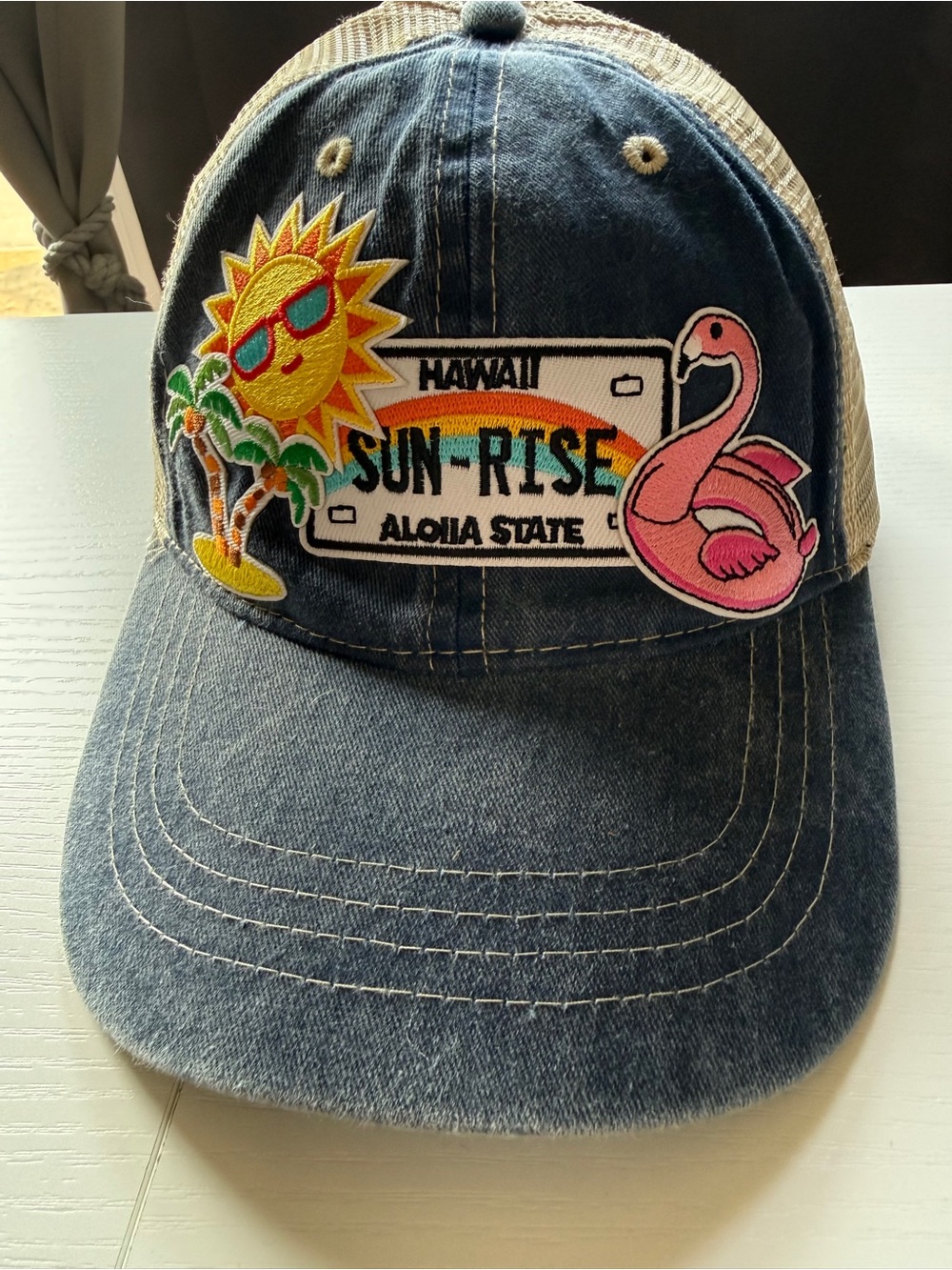 Sun-Rise Patch Denim Trucker Hat with Pink Flamingo OS Mesh Back